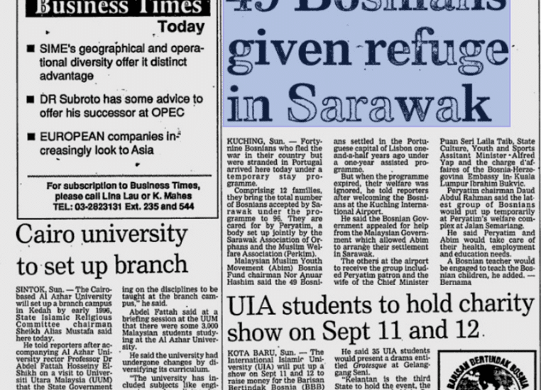 5 سپتامبر 1994. روزنامه برتر مالزی New Straits Times از ورود بوسنیایی ها به ایالت ساراواک مالزی در جزیره بورنئو می نویسد.